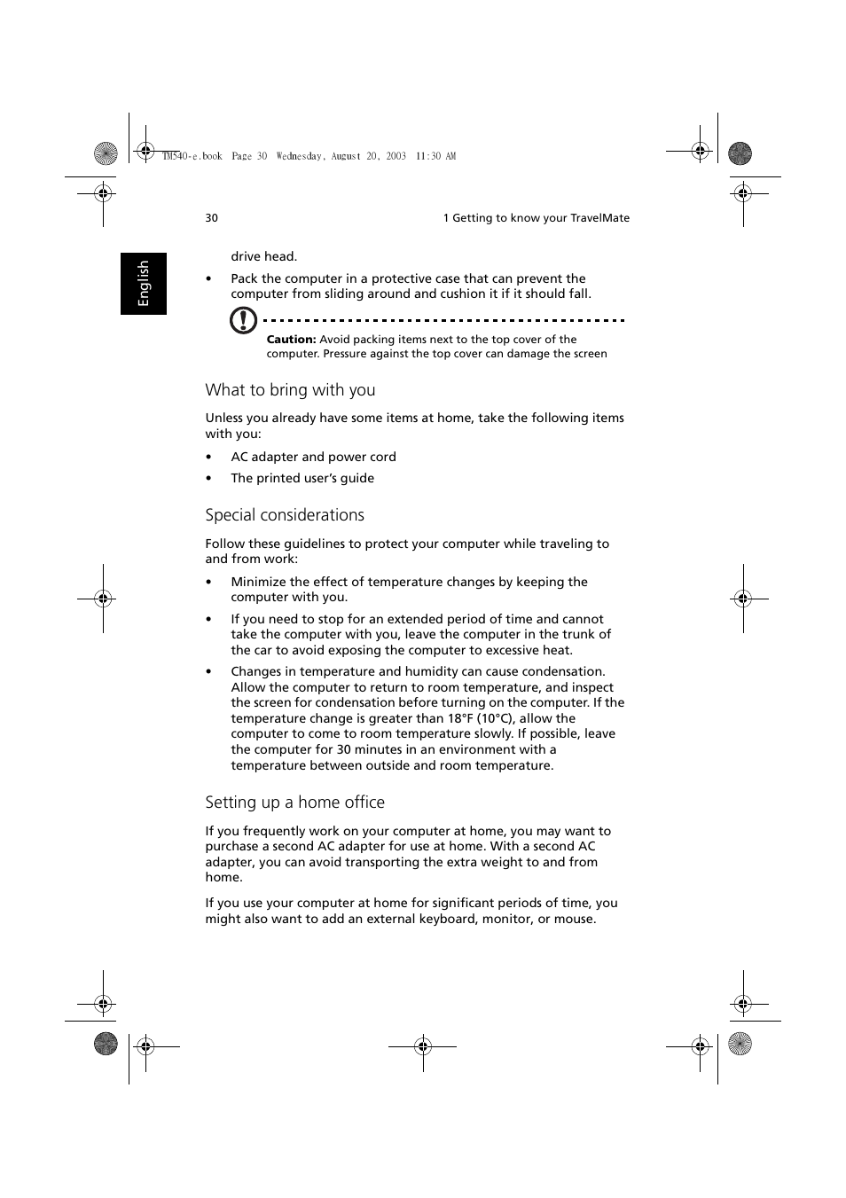 What to bring with you, Special considerations, Setting up a home office | Acer 540 User Manual | Page 38 / 82