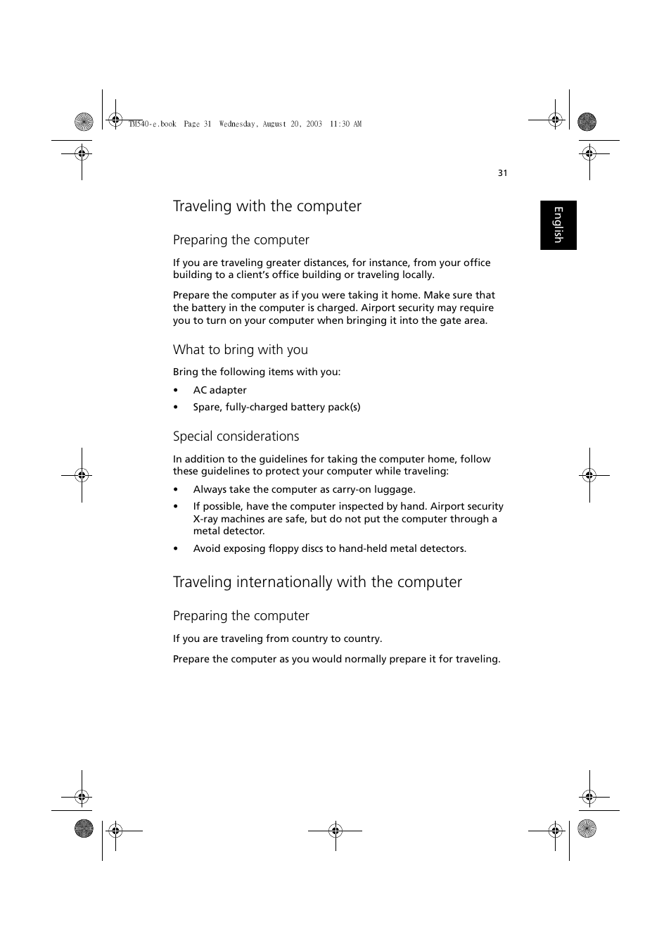 Traveling with the computer, Traveling internationally with the computer, Preparing the computer | What to bring with you, Special considerations | Acer 540 User Manual | Page 39 / 82