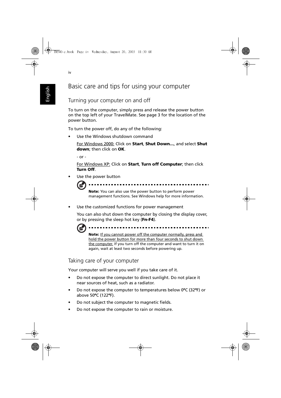 Basic care and tips for using your computer, Turning your computer on and off, Taking care of your computer | Acer 540 User Manual | Page 4 / 82