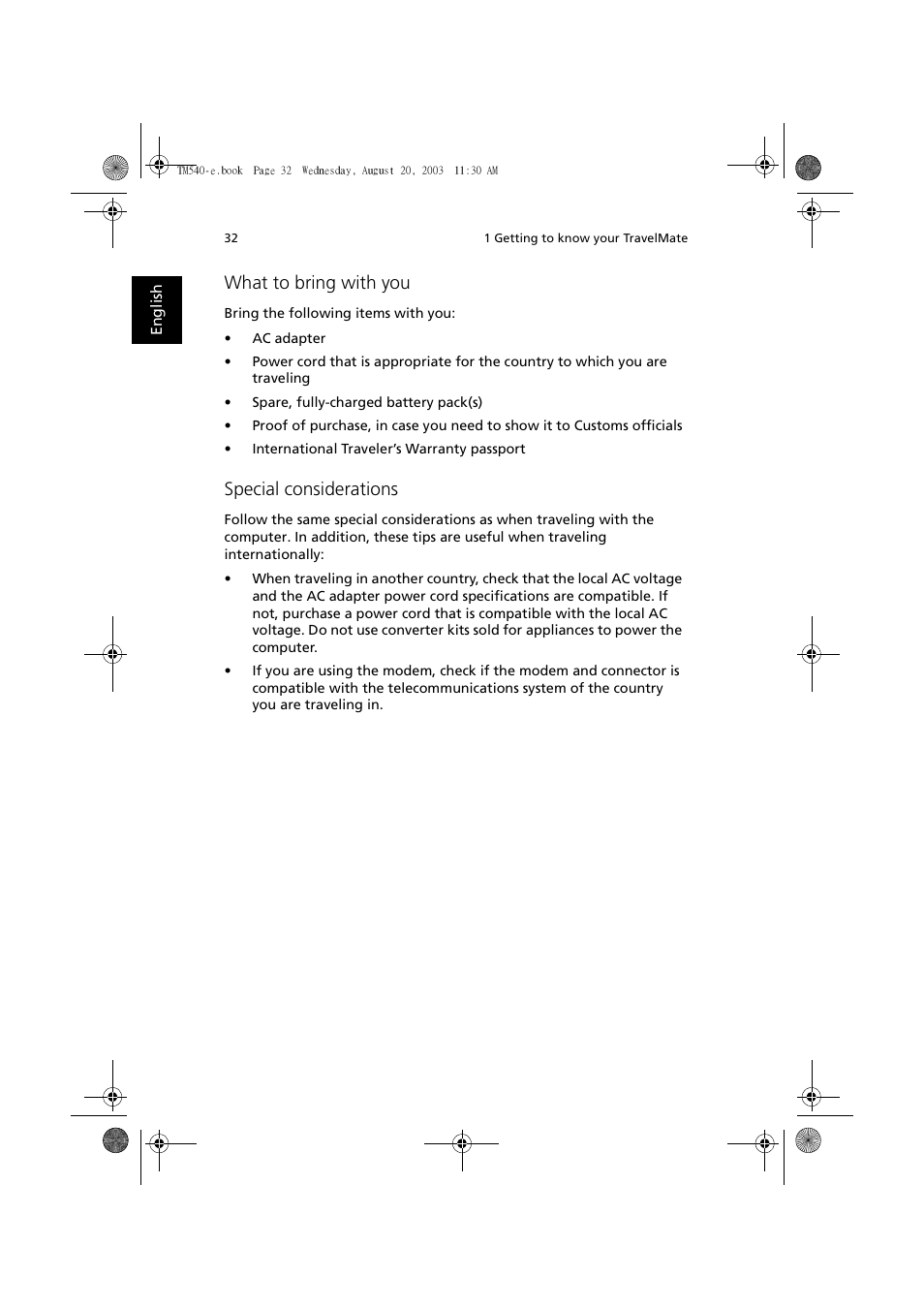 What to bring with you, Special considerations | Acer 540 User Manual | Page 40 / 82