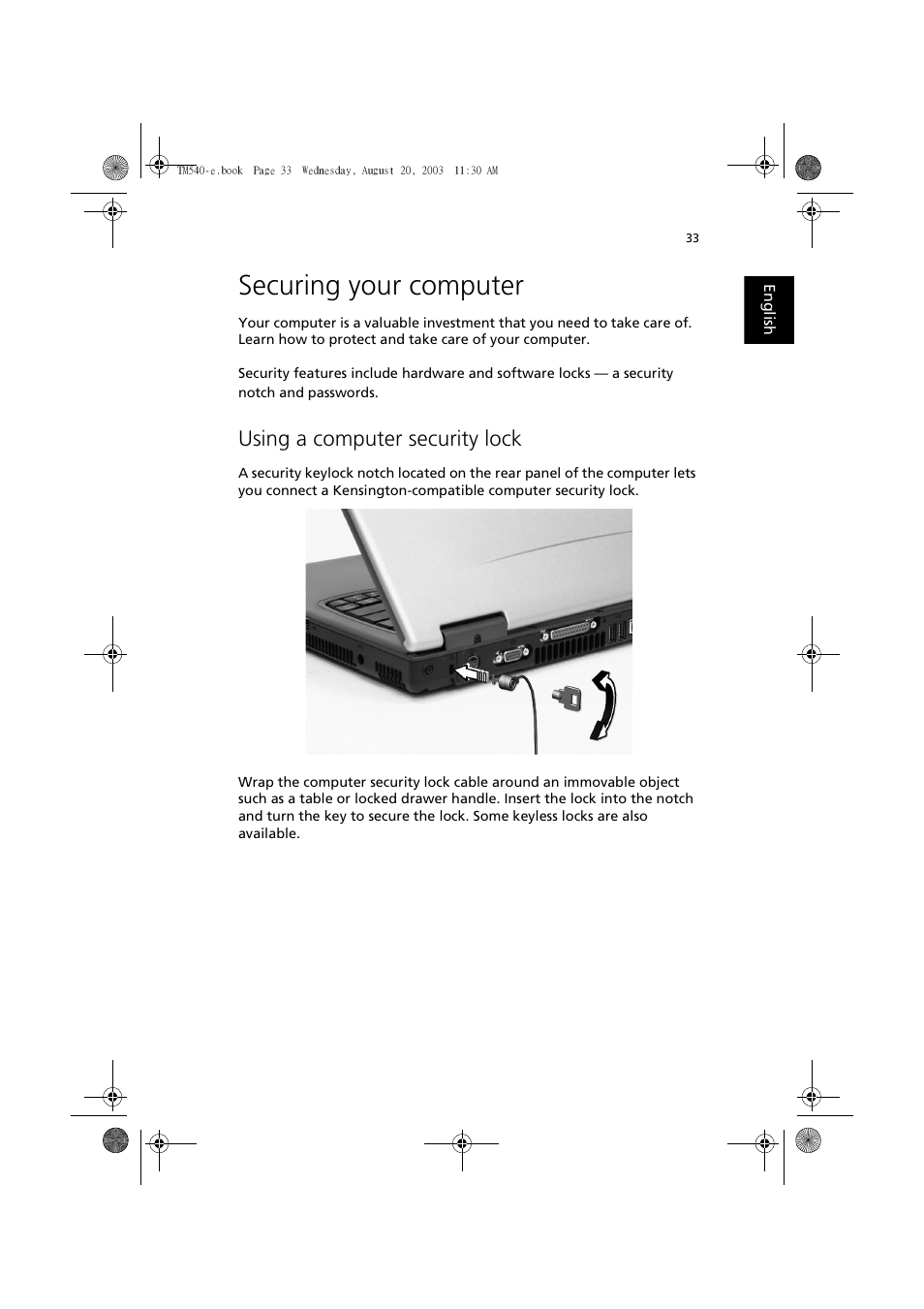 Securing your computer, Using a computer security lock | Acer 540 User Manual | Page 41 / 82