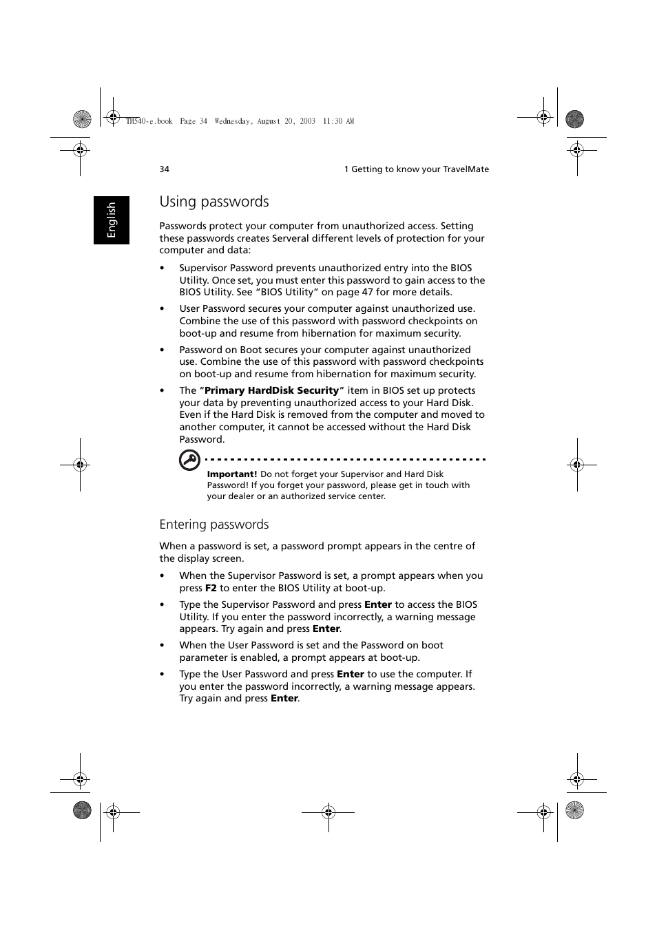 Using passwords, Entering passwords | Acer 540 User Manual | Page 42 / 82