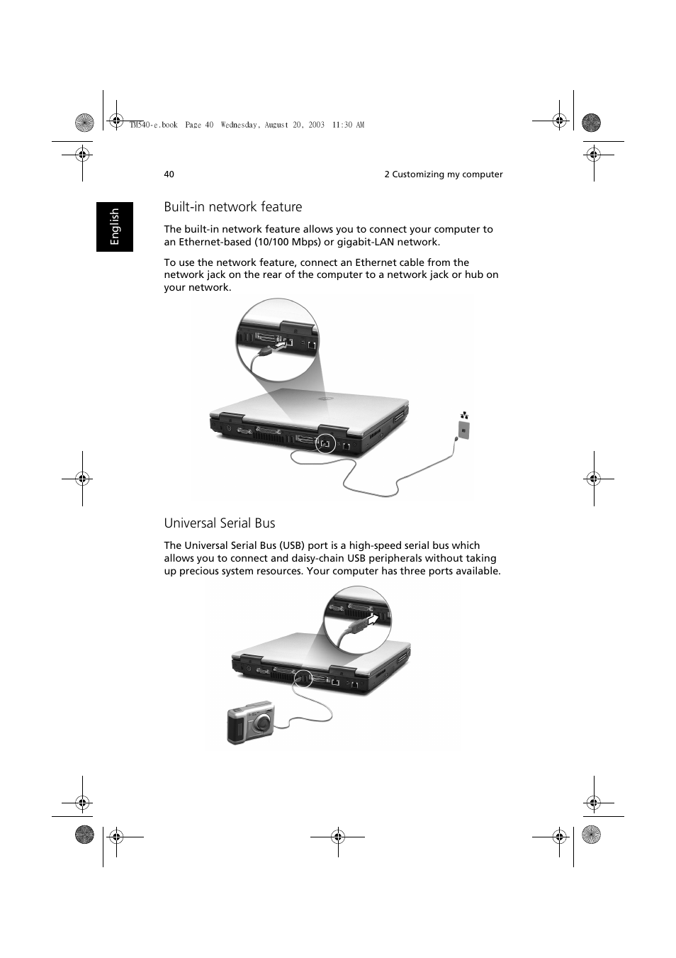 Built-in network feature, Universal serial bus | Acer 540 User Manual | Page 48 / 82