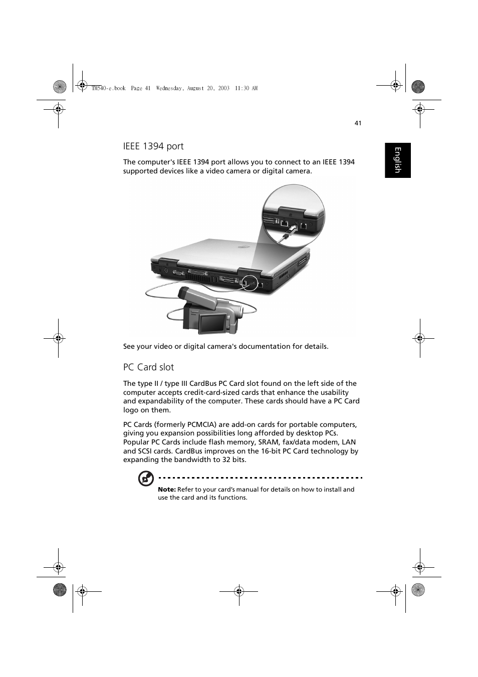 Ieee 1394 port, Pc card slot | Acer 540 User Manual | Page 49 / 82