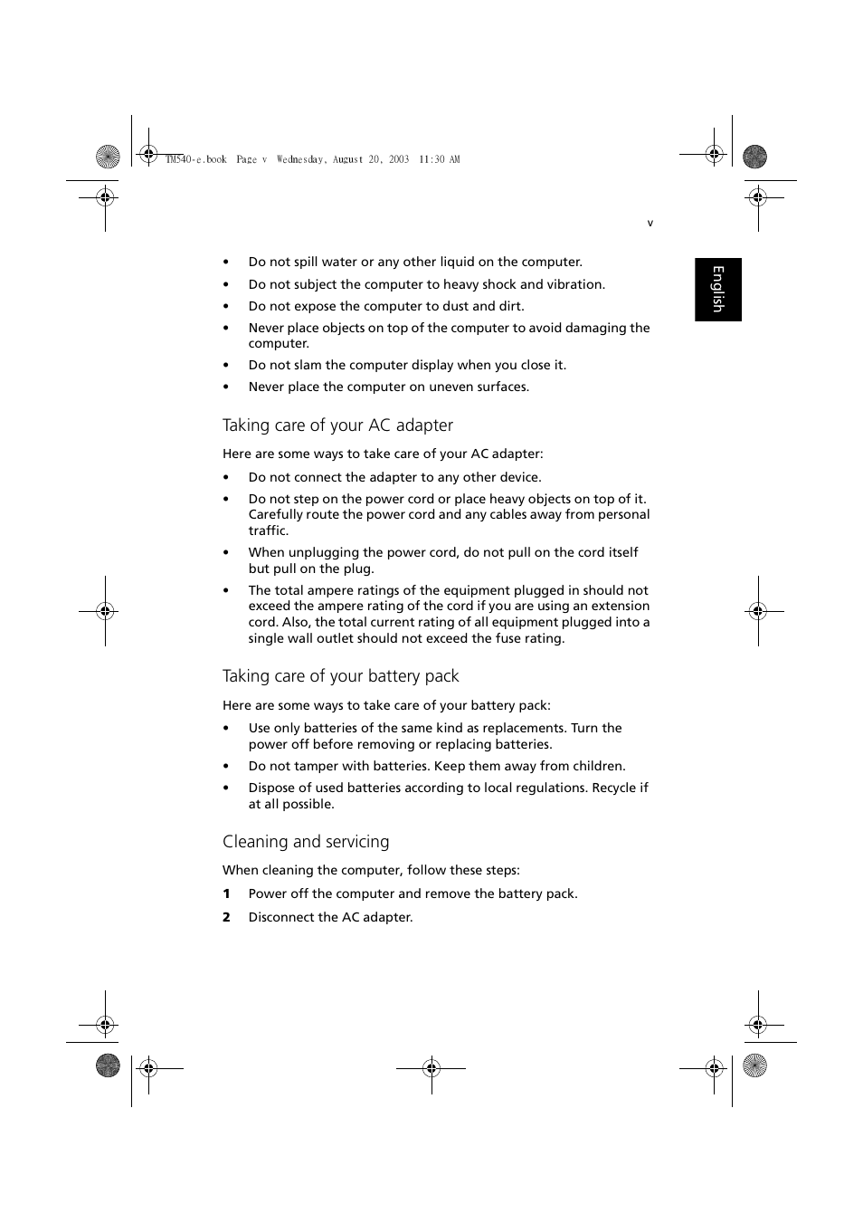 Taking care of your ac adapter, Taking care of your battery pack, Cleaning and servicing | Acer 540 User Manual | Page 5 / 82