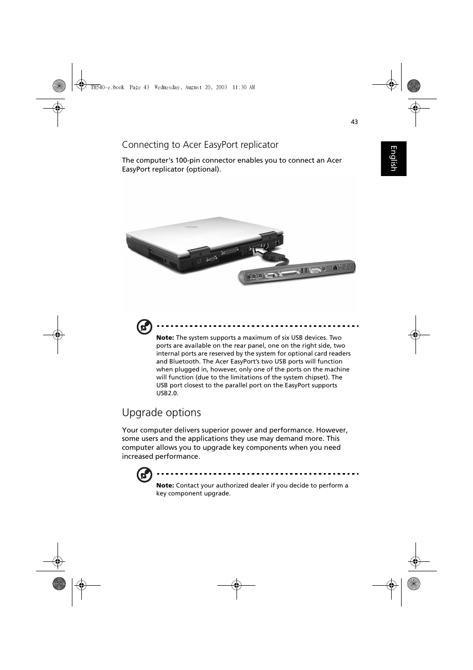 Connecting to acer easyport replicator, Upgrade options | Acer 540 User Manual | Page 51 / 82