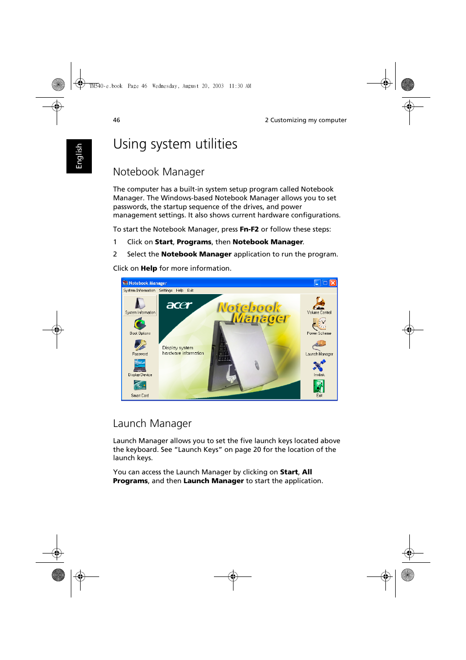 Using system utilities, Notebook manager, Launch manager | Acer 540 User Manual | Page 54 / 82