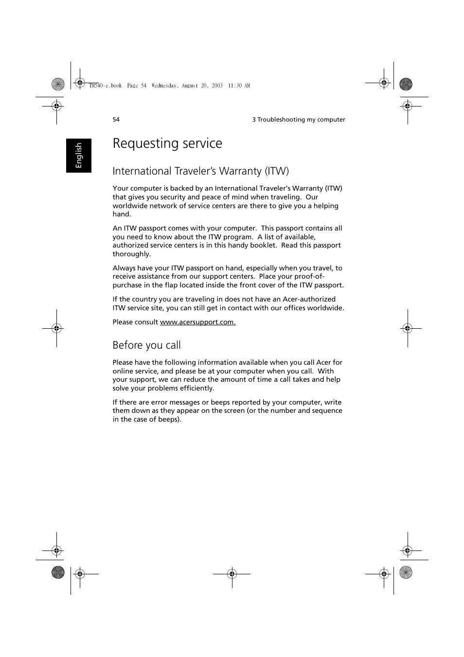 Requesting service, International traveler’s warranty (itw), Before you call | Acer 540 User Manual | Page 62 / 82