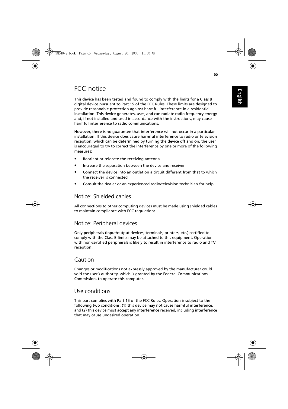 Fcc notice, Notice: shielded cables, Notice: peripheral devices | Caution, Use conditions | Acer 540 User Manual | Page 73 / 82