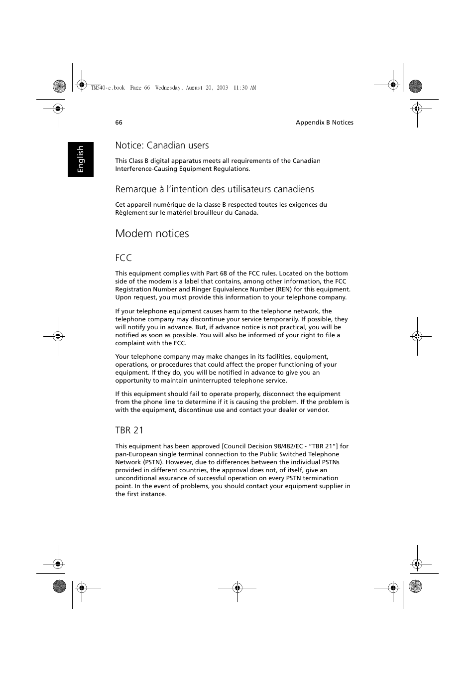 Modem notices, Notice: canadian users, Remarque à l’intention des utilisateurs canadiens | Tbr 21 | Acer 540 User Manual | Page 74 / 82