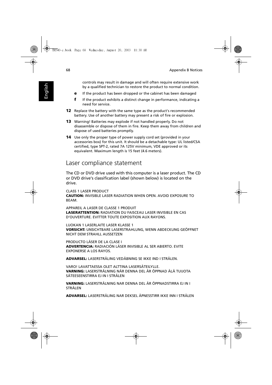 Laser compliance statement | Acer 540 User Manual | Page 76 / 82