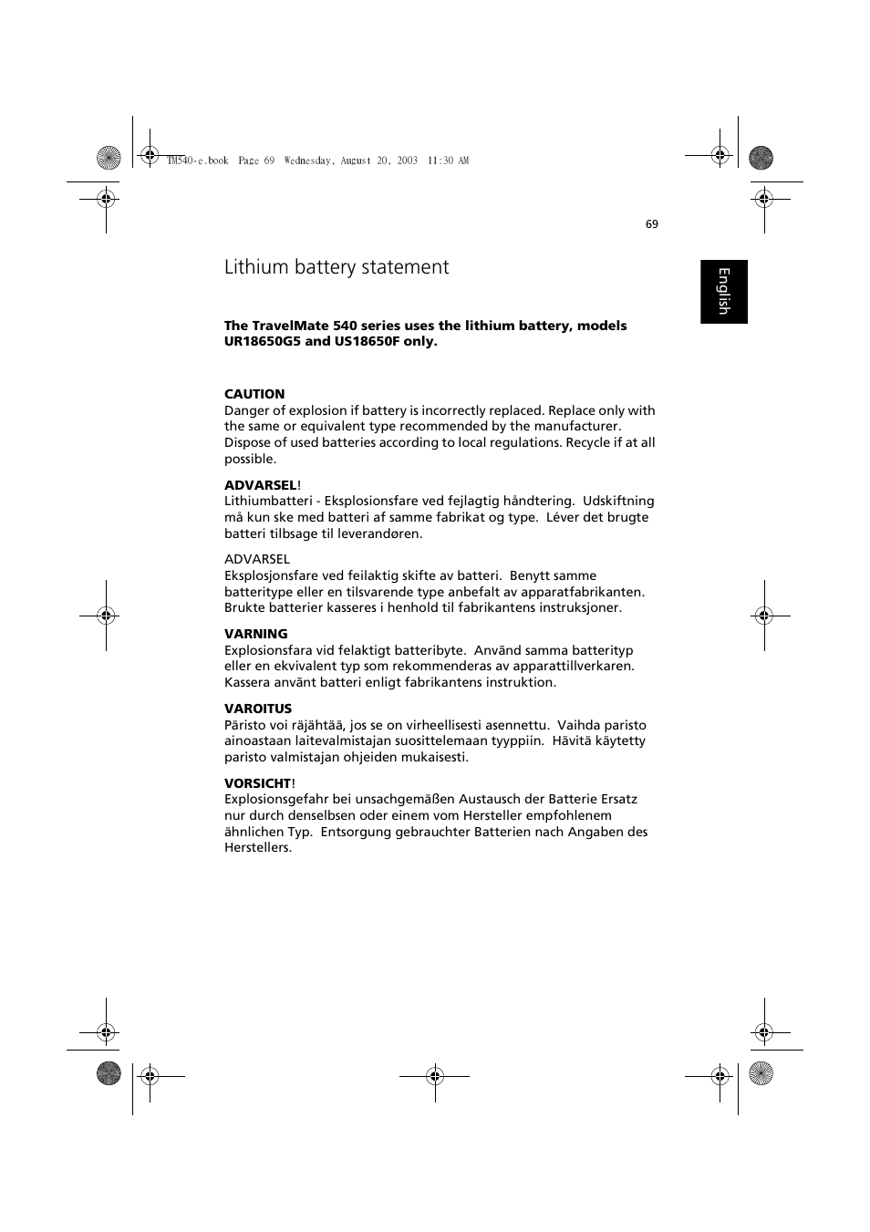 Lithium battery statement | Acer 540 User Manual | Page 77 / 82