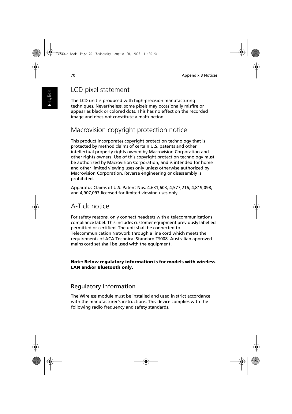 Lcd pixel statement, Macrovision copyright protection notice, A-tick notice | Acer 540 User Manual | Page 78 / 82