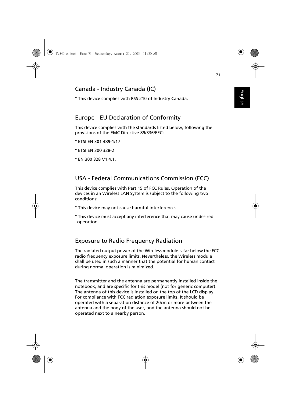 Canada - industry canada (ic), Europe - eu declaration of conformity, Usa - federal communications commission (fcc) | Exposure to radio frequency radiation | Acer 540 User Manual | Page 79 / 82