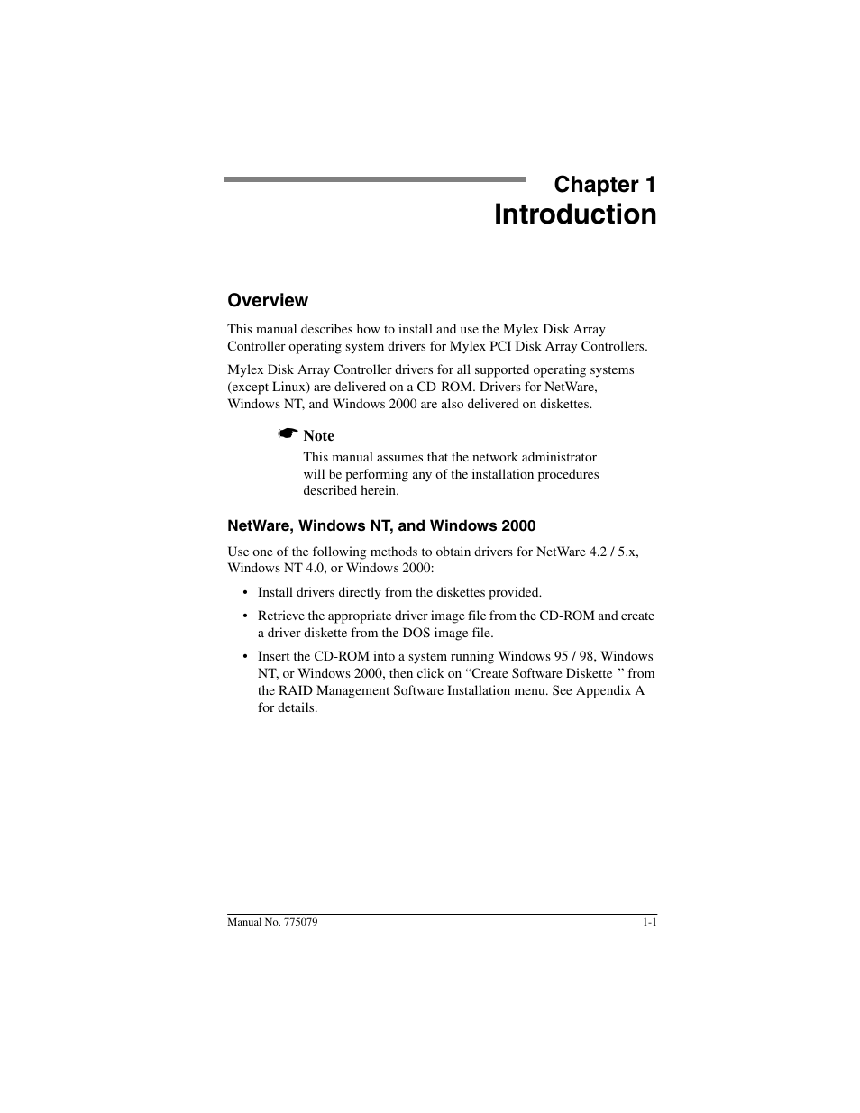 Chapter 1: introduction, Overview, Netware, windows nt, and windows 2000 | Chapter 1, Introduction, Overview -1, Netware, windows nt, and windows 2000 -1 | Acer PCI Disk Array Controller Drivers 08P4100 User Manual | Page 13 / 100