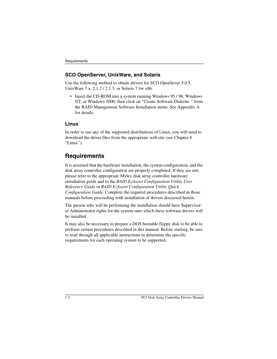 Sco openserver, unixware, and solaris, Linux, Requirements | Sco openserver, unixware, and solaris -2 linux -2, Requirements -2 | Acer PCI Disk Array Controller Drivers 08P4100 User Manual | Page 14 / 100