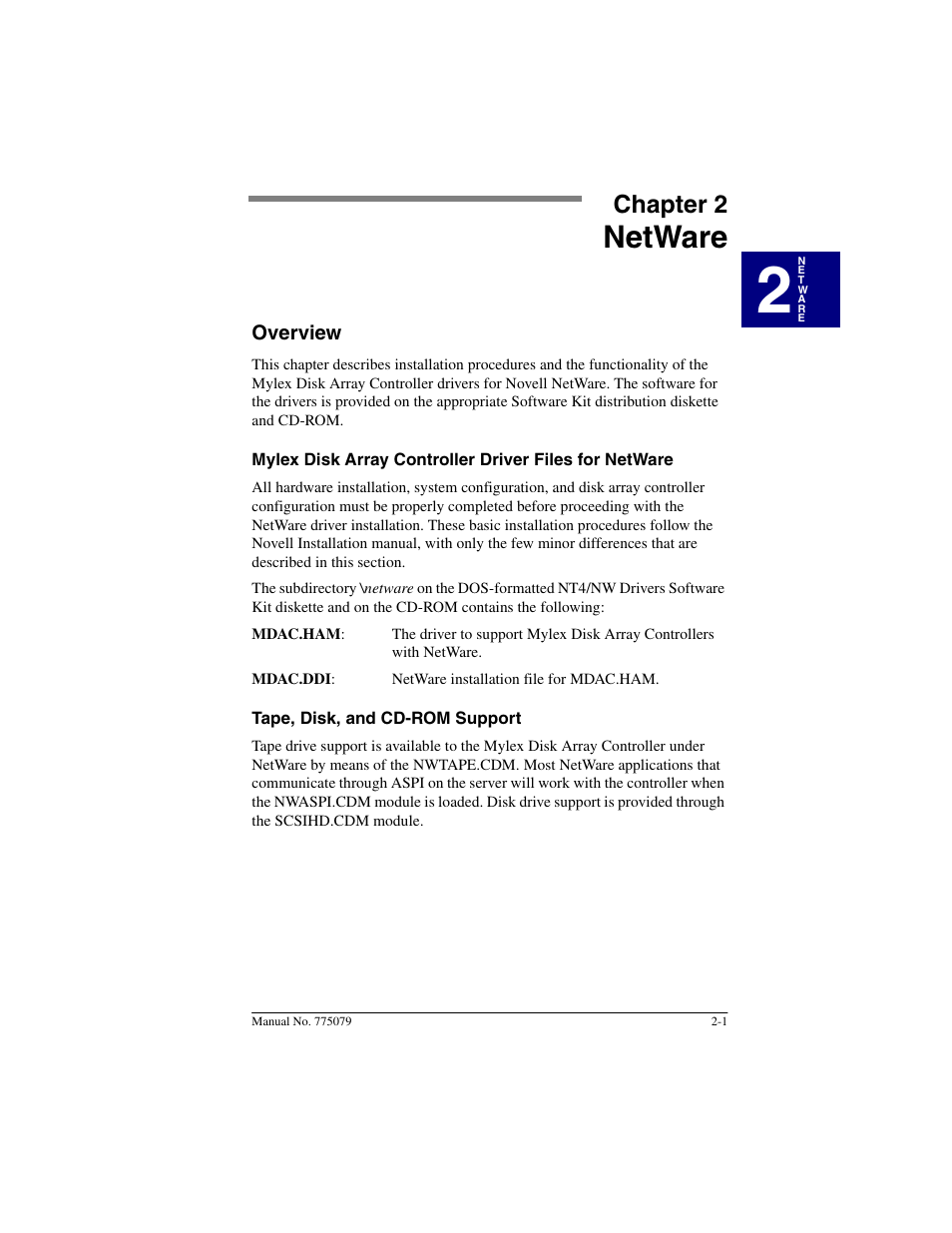 Chapter 2: netware, Overview, Tape, disk, and cd-rom support | Netware, Chapter 2, Overview -1 | Acer PCI Disk Array Controller Drivers 08P4100 User Manual | Page 15 / 100
