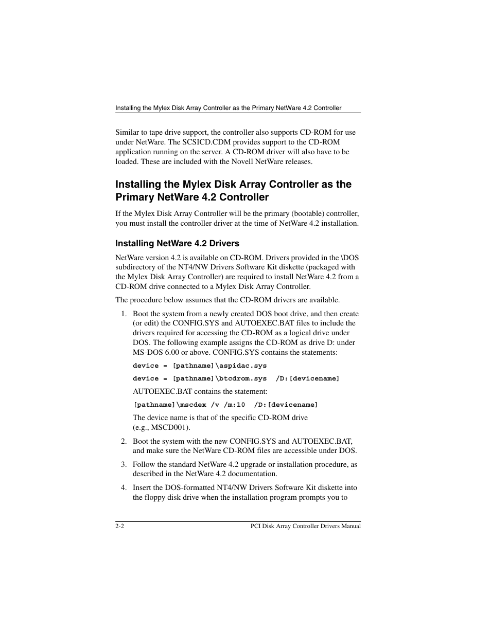 Installing netware 4.2 drivers, Installing netware 4.2 drivers -2 | Acer PCI Disk Array Controller Drivers 08P4100 User Manual | Page 16 / 100