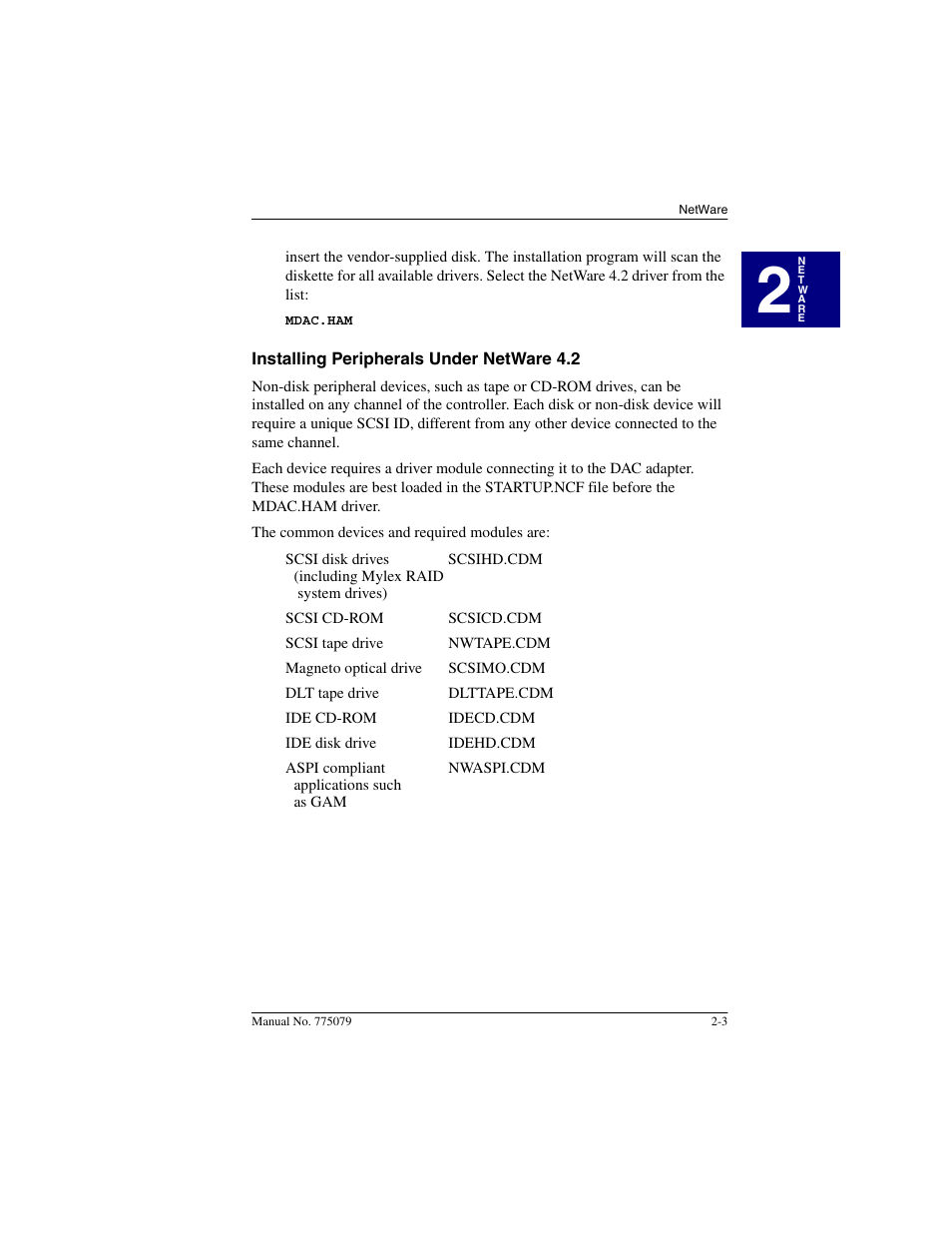 Installing peripherals under netware 4.2, Installing peripherals under netware 4.2 -3 | Acer PCI Disk Array Controller Drivers 08P4100 User Manual | Page 17 / 100