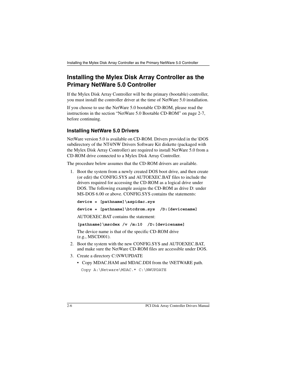 Installing netware 5.0 drivers, Installing netware 5.0 drivers -6 | Acer PCI Disk Array Controller Drivers 08P4100 User Manual | Page 20 / 100