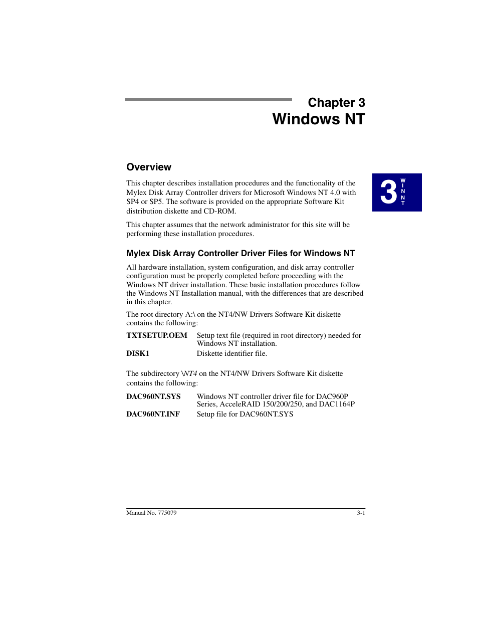 Chapter 3: windows nt, Overview, Windows nt | Chapter 3, Overview -1 | Acer PCI Disk Array Controller Drivers 08P4100 User Manual | Page 25 / 100