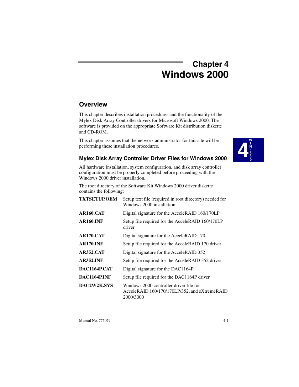 Chapter 4: windows 2000, Overview, Windows 2000 | Chapter 4, Overview -1 | Acer PCI Disk Array Controller Drivers 08P4100 User Manual | Page 37 / 100