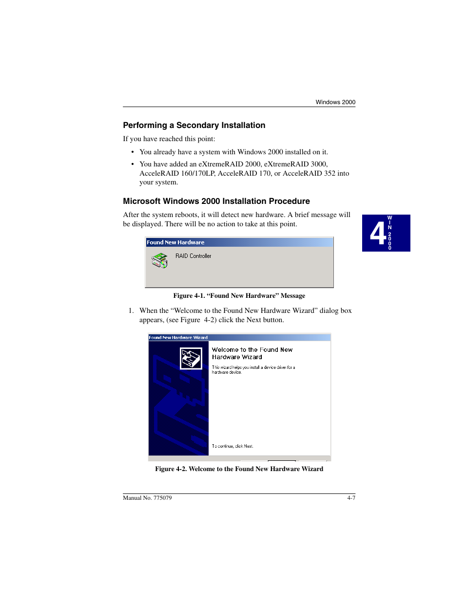 Performing a secondary installation, Microsoft windows 2000 installation procedure | Acer PCI Disk Array Controller Drivers 08P4100 User Manual | Page 43 / 100