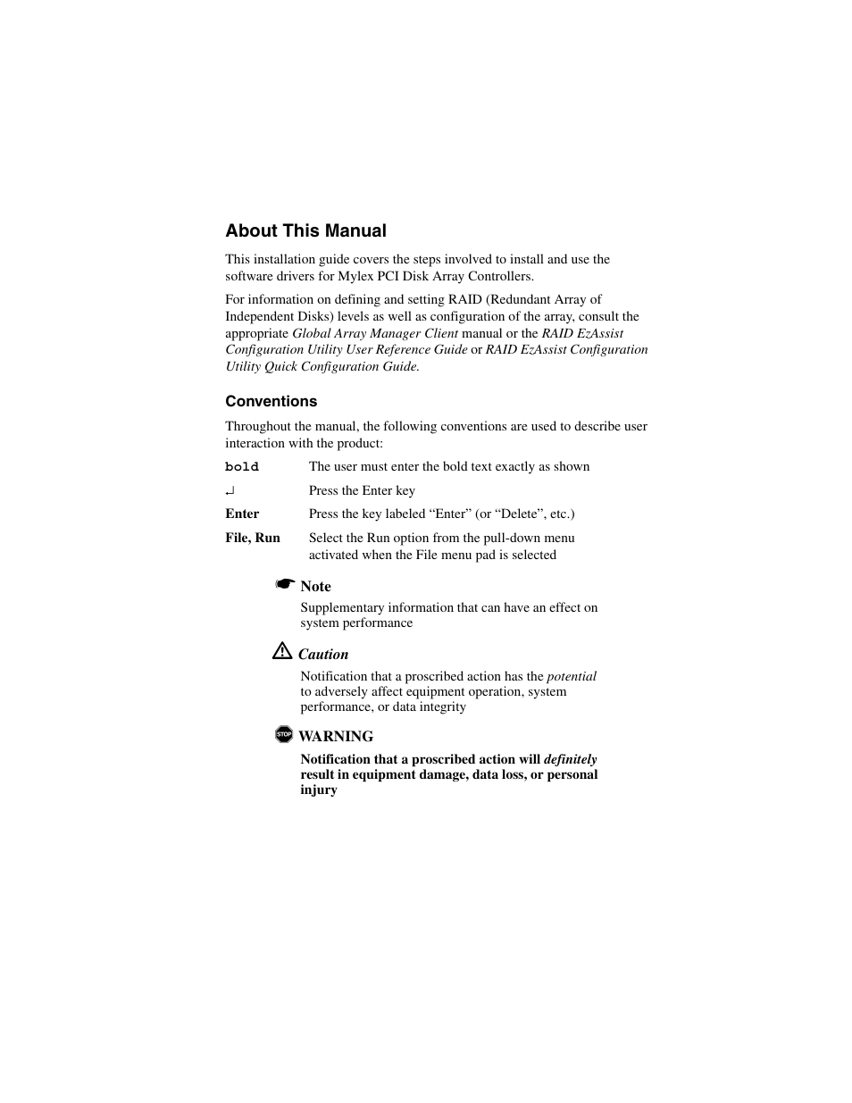 About this manual, Conventions | Acer PCI Disk Array Controller Drivers 08P4100 User Manual | Page 5 / 100