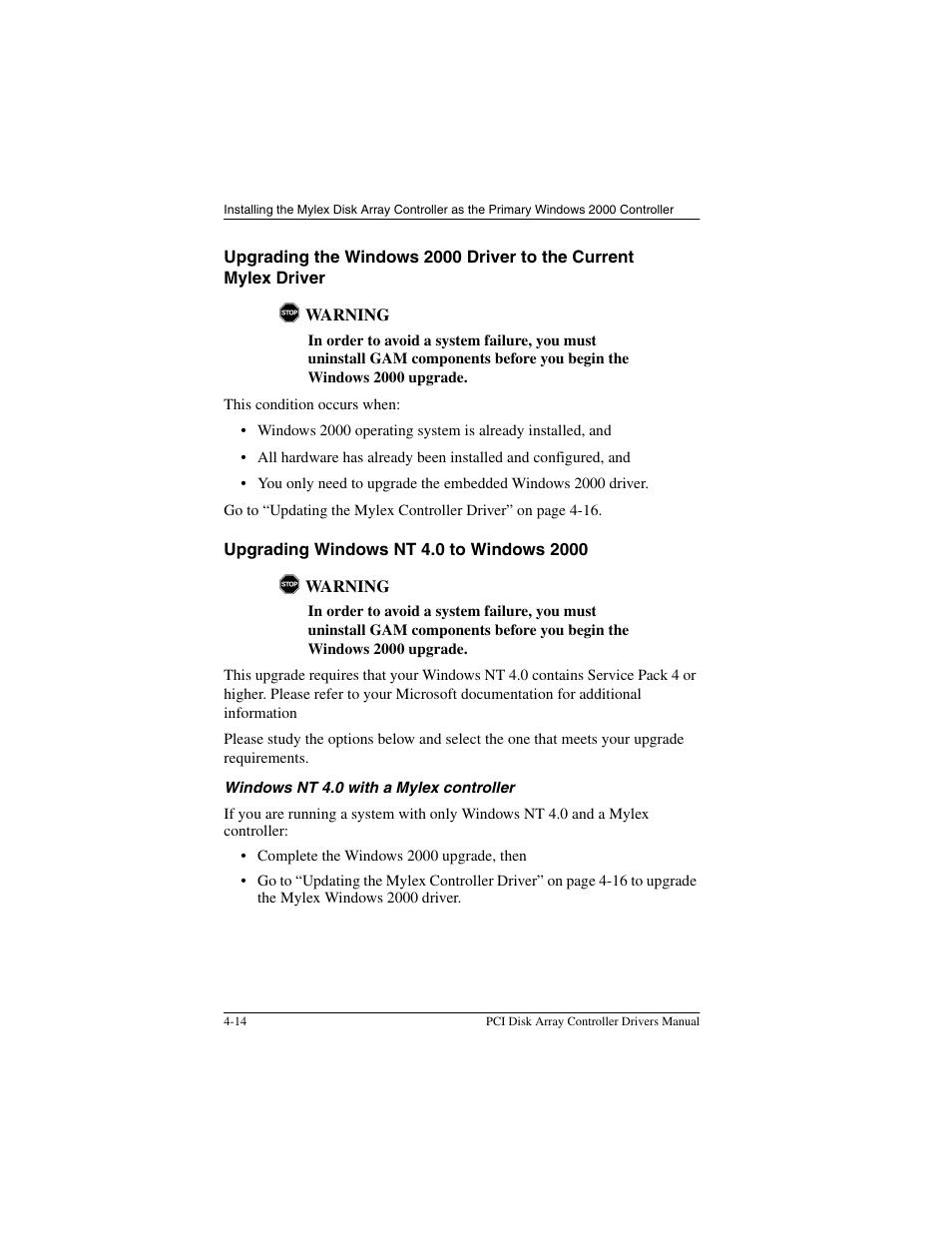 Upgrading windows nt 4.0 to windows 2000, Windows nt 4.0 with a mylex controller, Windows nt 4.0 with a mylex controller -14 | Acer PCI Disk Array Controller Drivers 08P4100 User Manual | Page 50 / 100