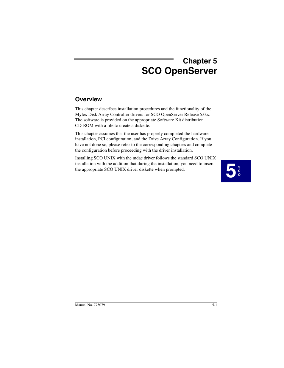 Chapter 5: sco openserver, Overview, Sco openserver | Chapter 5, Overview -1 | Acer PCI Disk Array Controller Drivers 08P4100 User Manual | Page 61 / 100