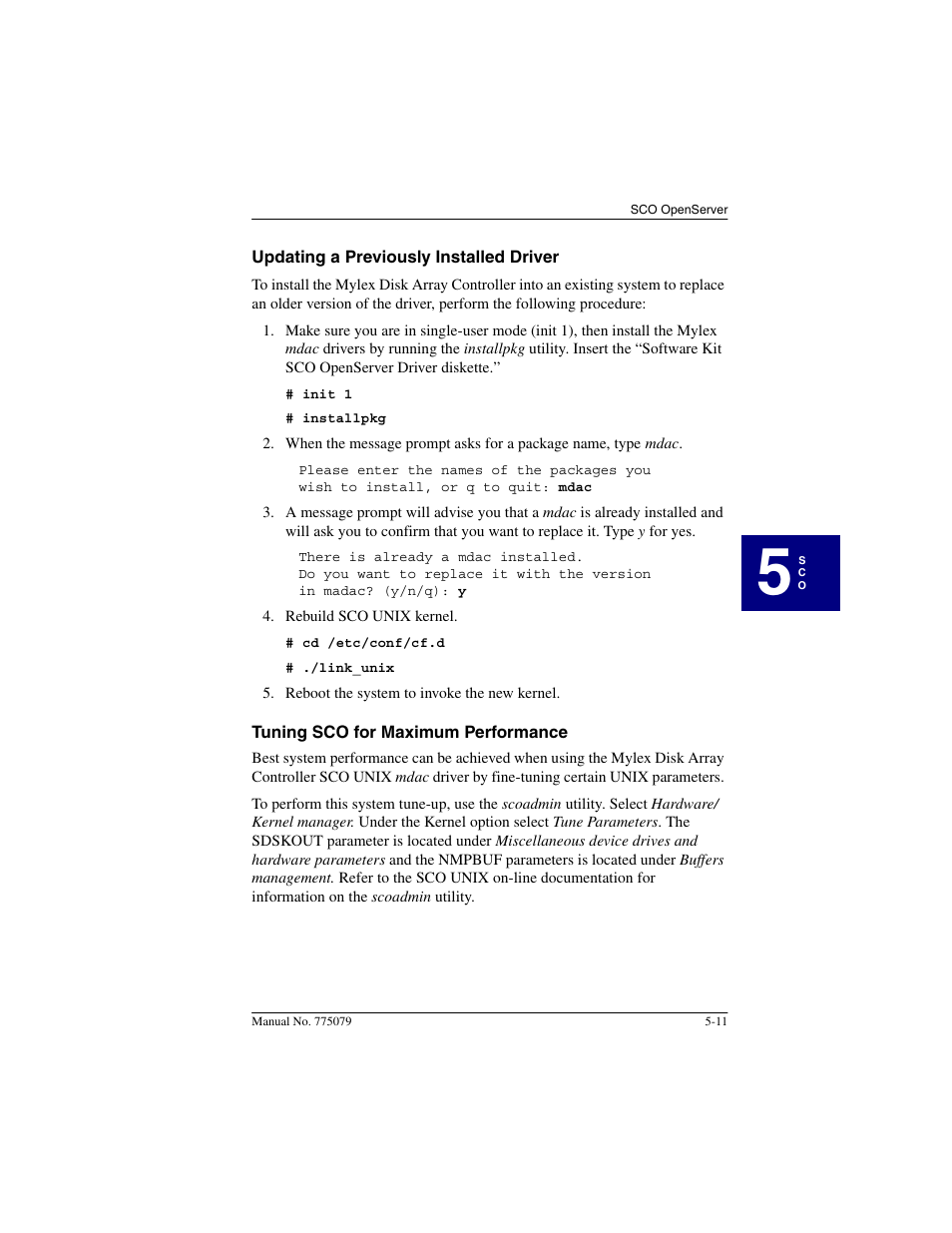 Updating a previously installed driver, Tuning sco for maximum performance | Acer PCI Disk Array Controller Drivers 08P4100 User Manual | Page 71 / 100