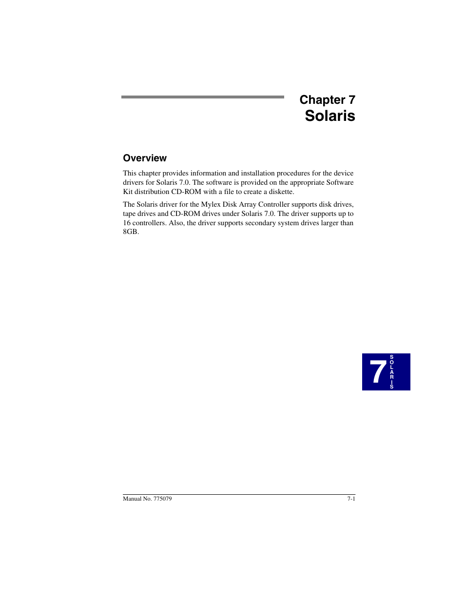 Chapter 7: solaris, Overview, Solaris | Chapter 7, Overview -1 | Acer PCI Disk Array Controller Drivers 08P4100 User Manual | Page 85 / 100