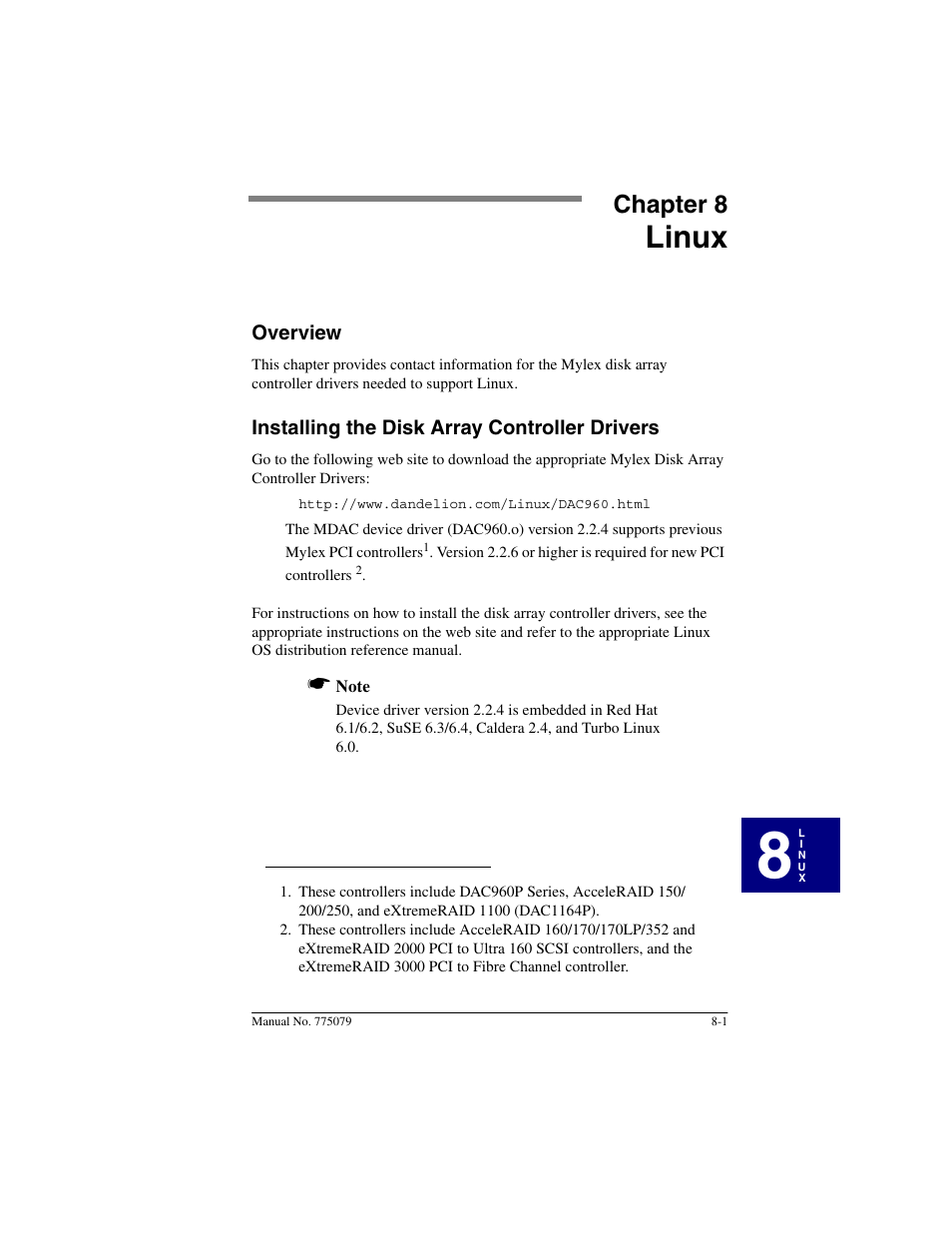 Chapter 8: linux, Overview, Installing the disk array controller drivers | Linux, Chapter 8 | Acer PCI Disk Array Controller Drivers 08P4100 User Manual | Page 93 / 100