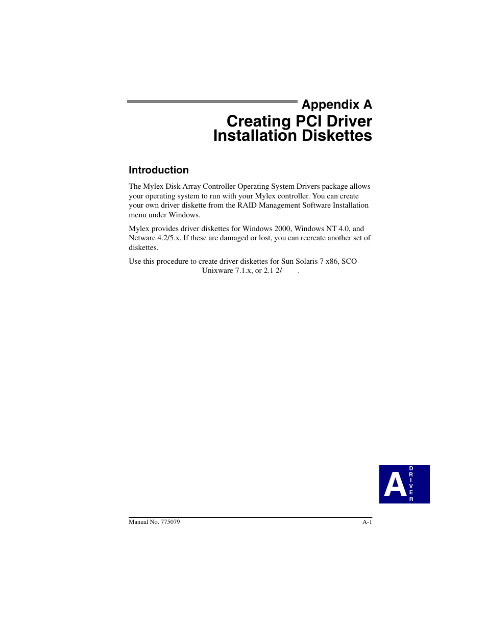 Introduction, Appendix a, Creating pci driver installation diskettes | Acer PCI Disk Array Controller Drivers 08P4100 User Manual | Page 95 / 100