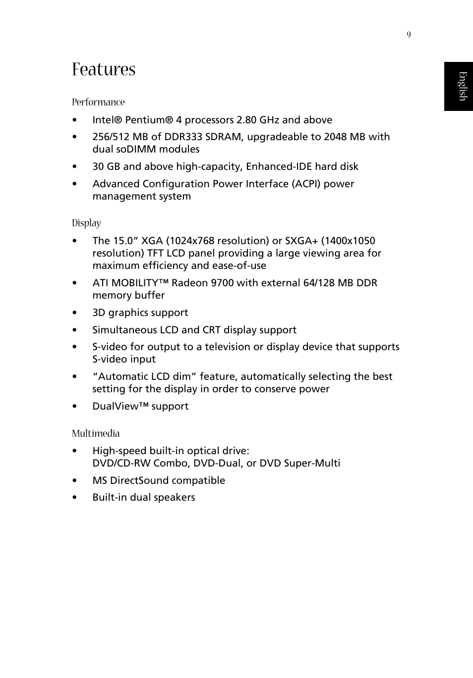 Features | Acer 1620 Series User Manual | Page 19 / 98