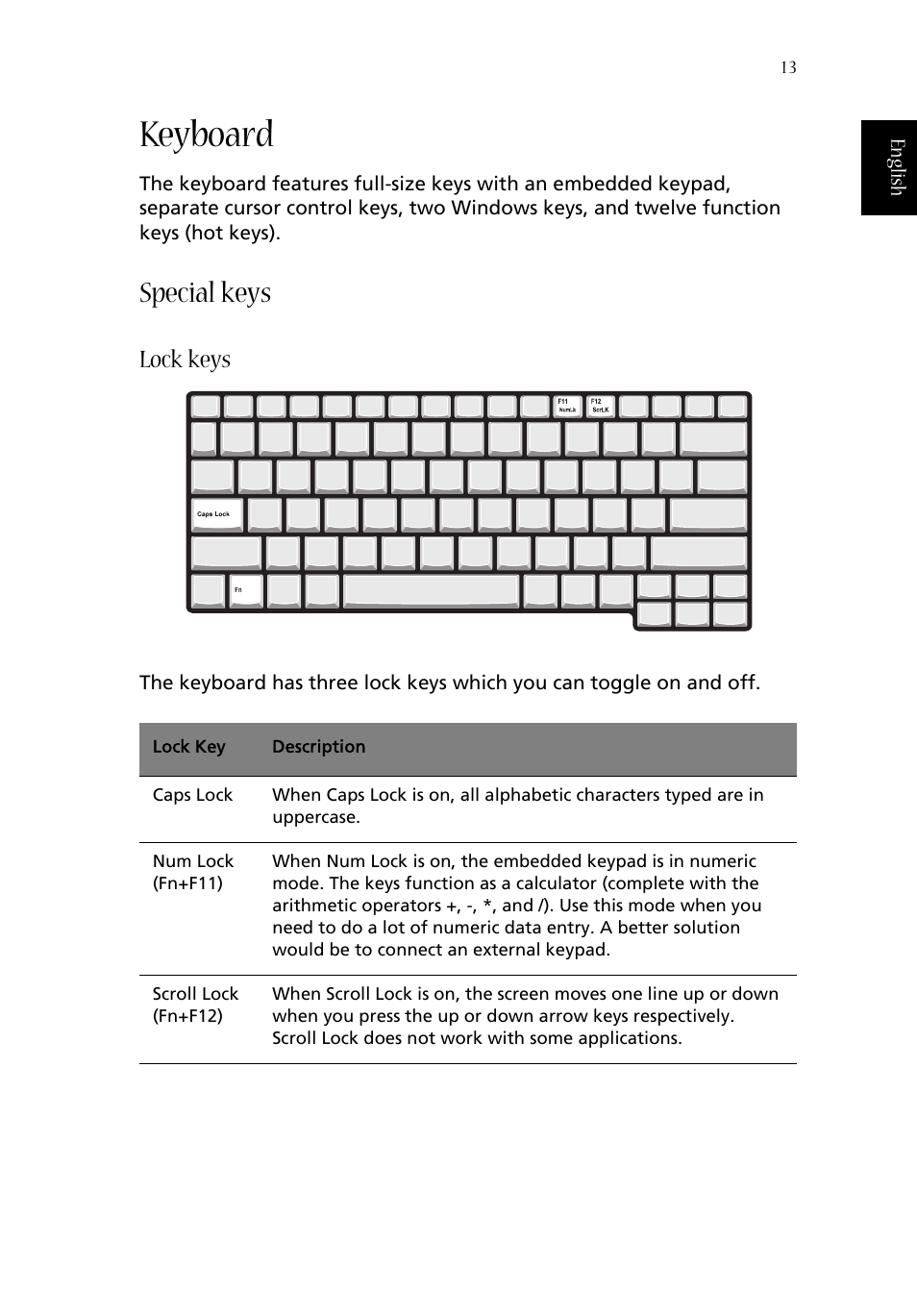 Keyboard, Special keys, Lock keys | Acer 1620 Series User Manual | Page 23 / 98