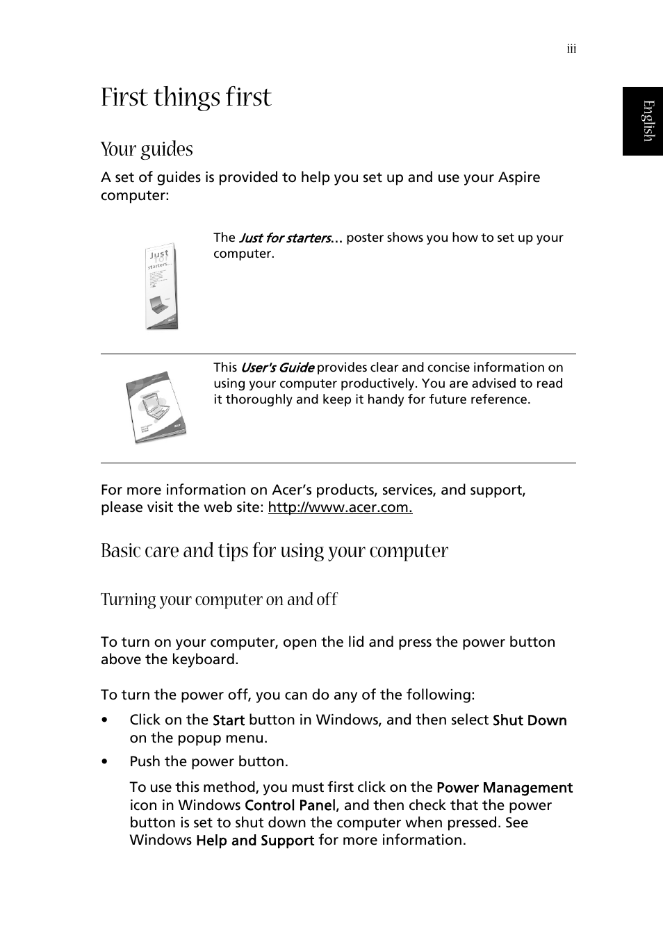 First things first, Your guides, Basic care and tips for using your computer | Turning your computer on and off | Acer 1620 Series User Manual | Page 3 / 98
