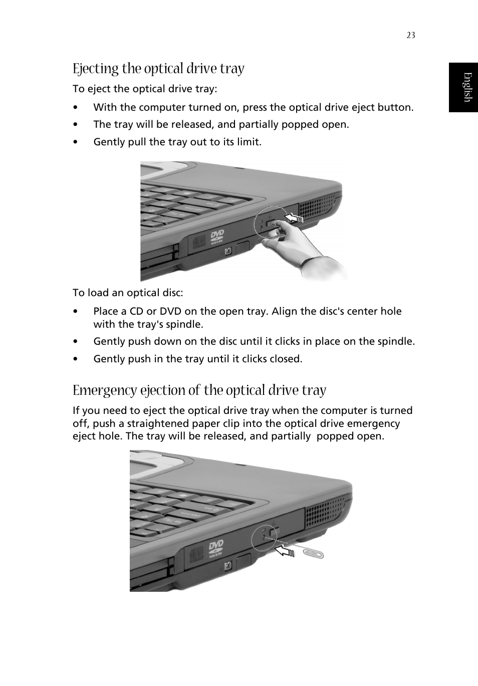 Ejecting the optical drive tray, Emergency ejection of the optical drive tray | Acer 1620 Series User Manual | Page 33 / 98