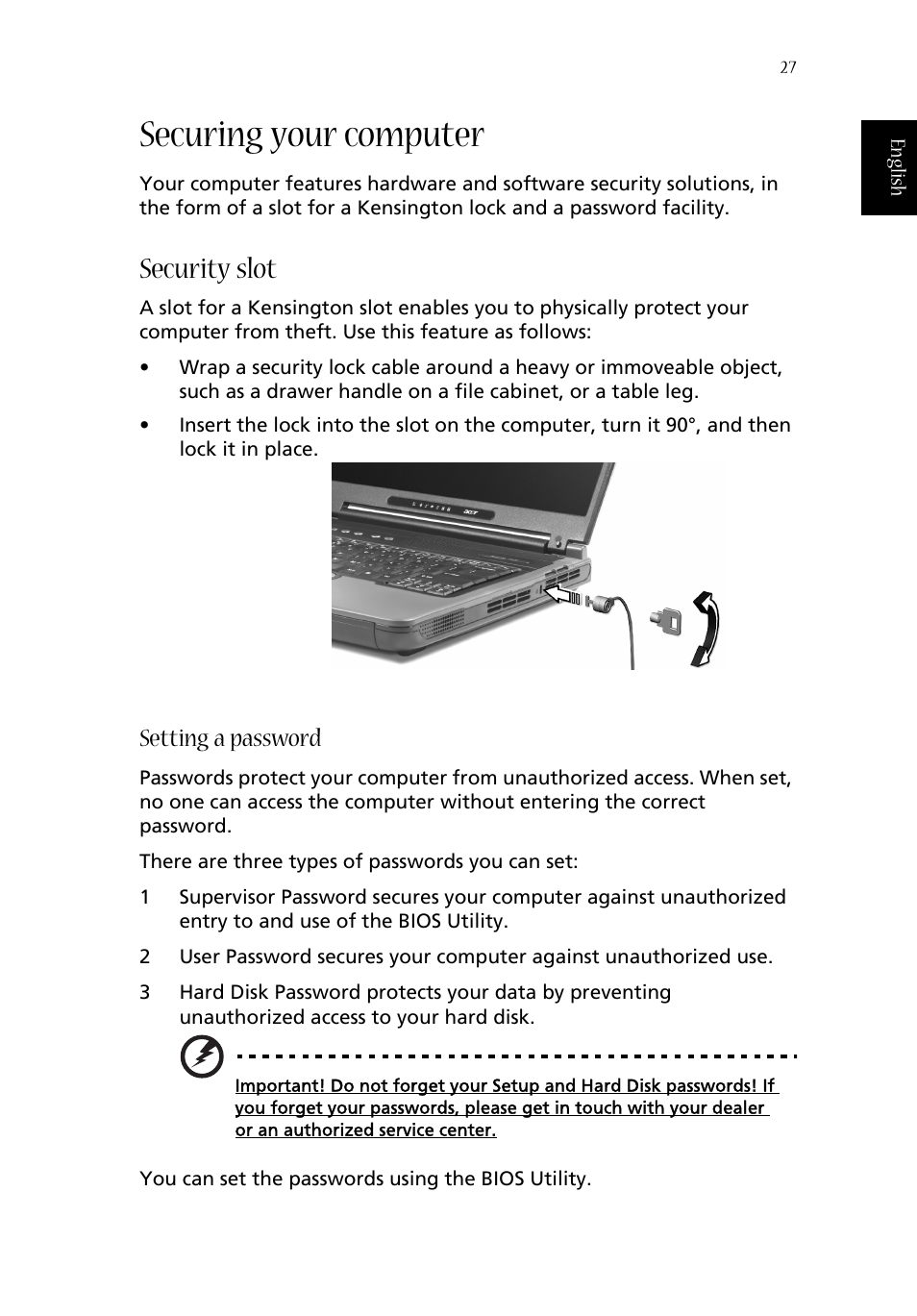 Securing your computer, Security slot, Setting a password | Acer 1620 Series User Manual | Page 37 / 98