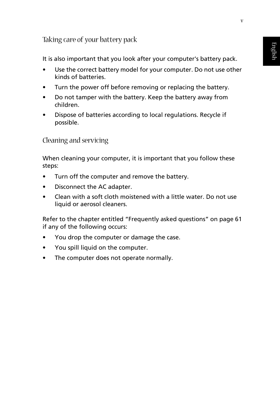 Taking care of your battery pack, Cleaning and servicing | Acer 1620 Series User Manual | Page 5 / 98