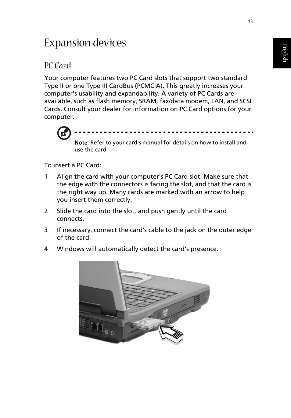 Expansion devices, Pc card | Acer 1620 Series User Manual | Page 53 / 98