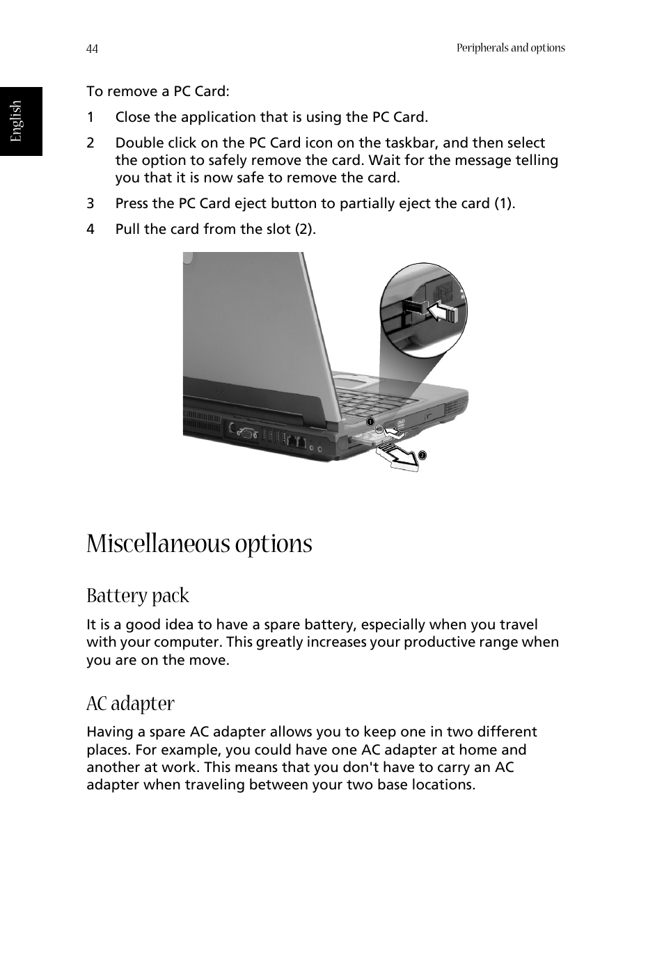 Miscellaneous options, Battery pack, Ac adapter | Acer 1620 Series User Manual | Page 54 / 98