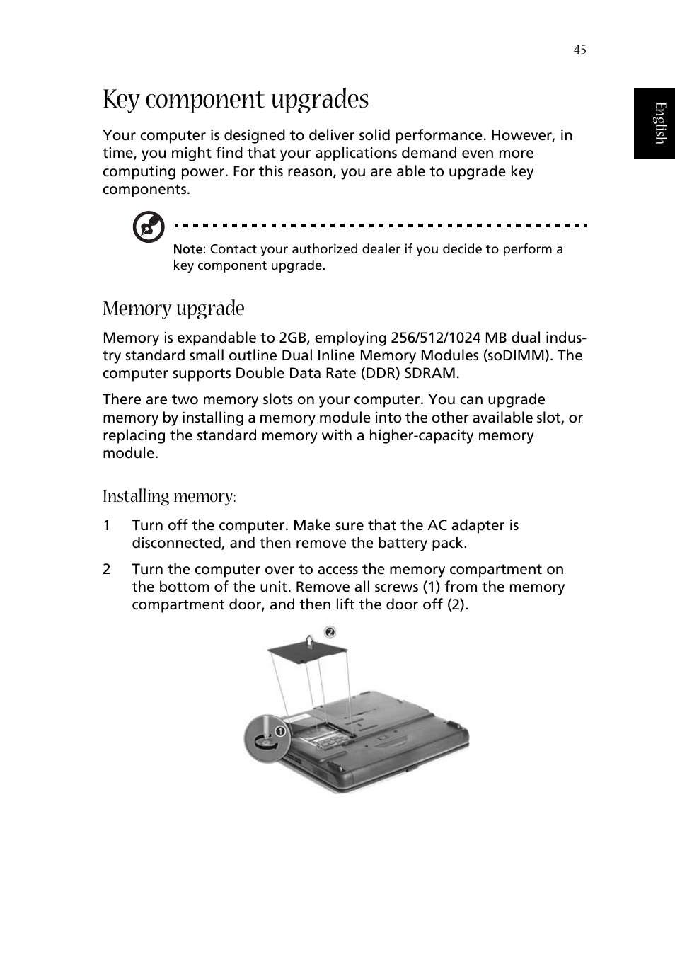 Key component upgrades, Memory upgrade | Acer 1620 Series User Manual | Page 55 / 98