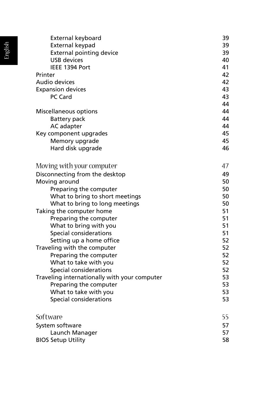 Moving with your computer 47, Software 55 | Acer 1620 Series User Manual | Page 8 / 98