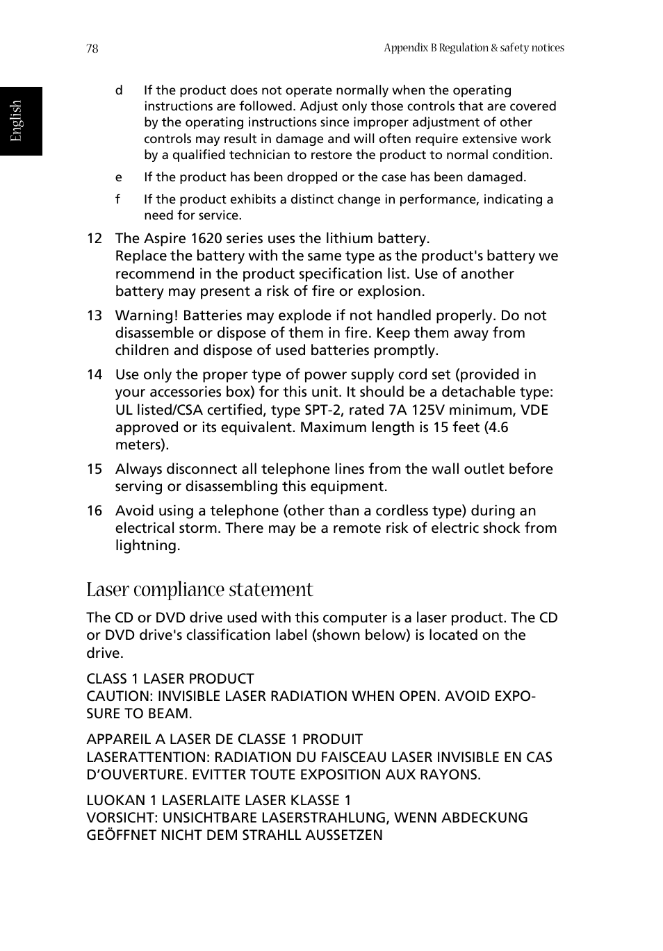 Laser compliance statement | Acer 1620 Series User Manual | Page 88 / 98