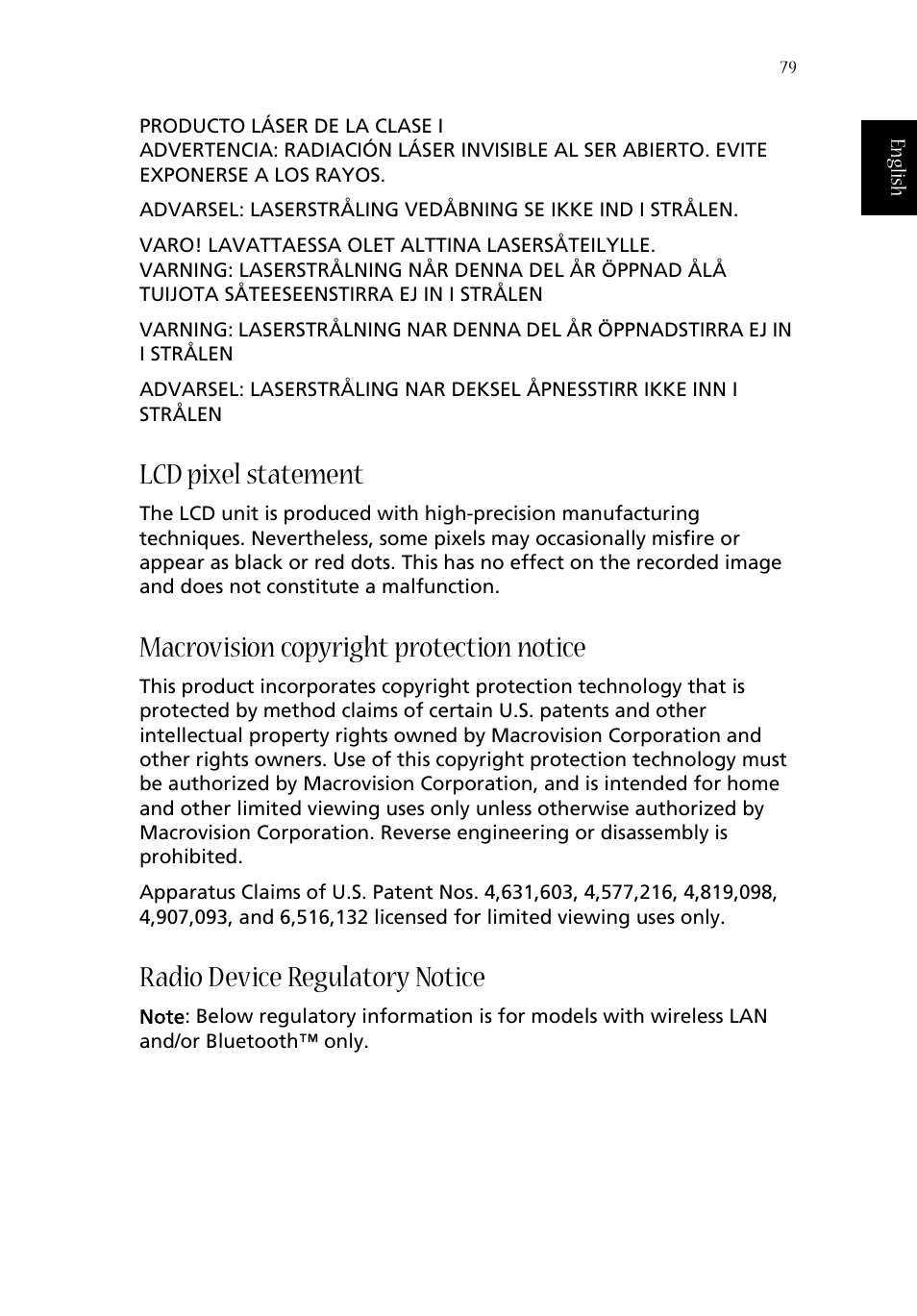 Lcd pixel statement, Macrovision copyright protection notice, Radio device regulatory notice | Acer 1620 Series User Manual | Page 89 / 98