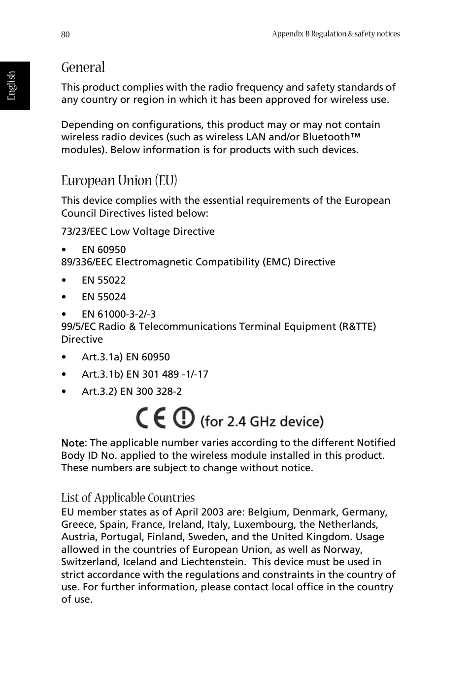 General, European union (eu), List of applicable countries | Acer 1620 Series User Manual | Page 90 / 98