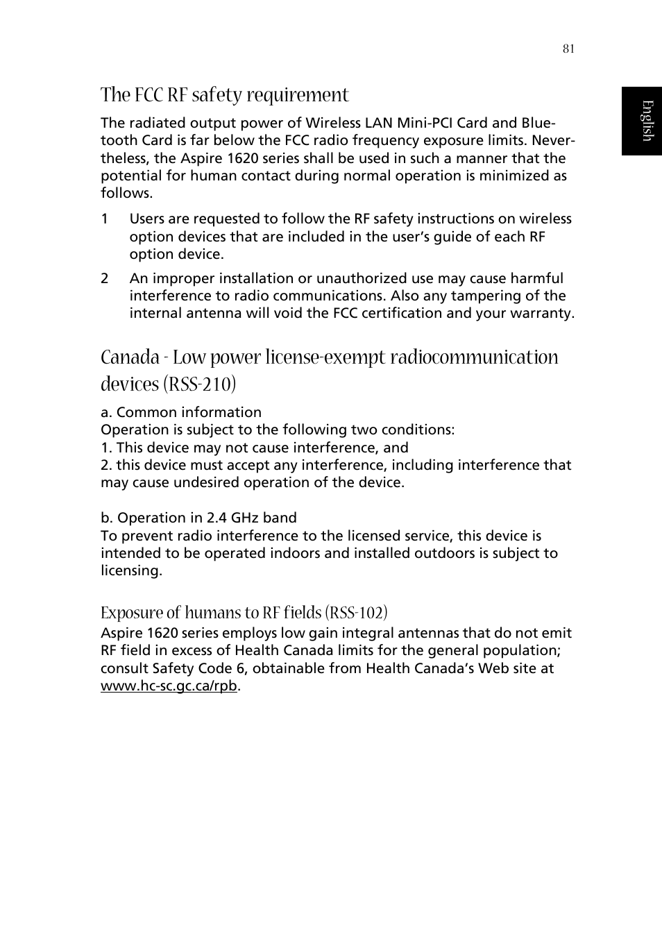 The fcc rf safety requirement, Exposure of humans to rf fields (rss-102) | Acer 1620 Series User Manual | Page 91 / 98