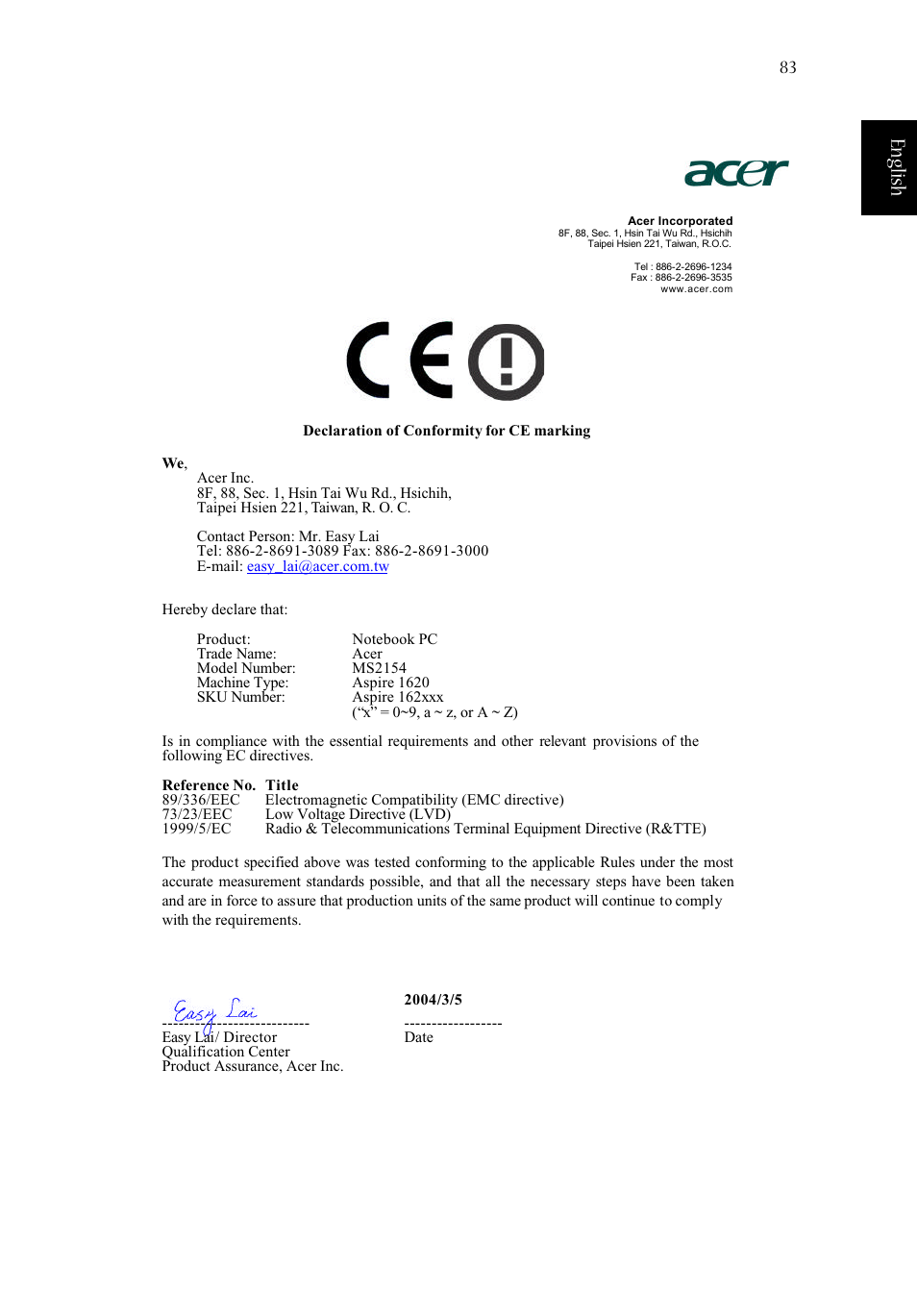 Eng lish english | Acer 1620 Series User Manual | Page 93 / 98