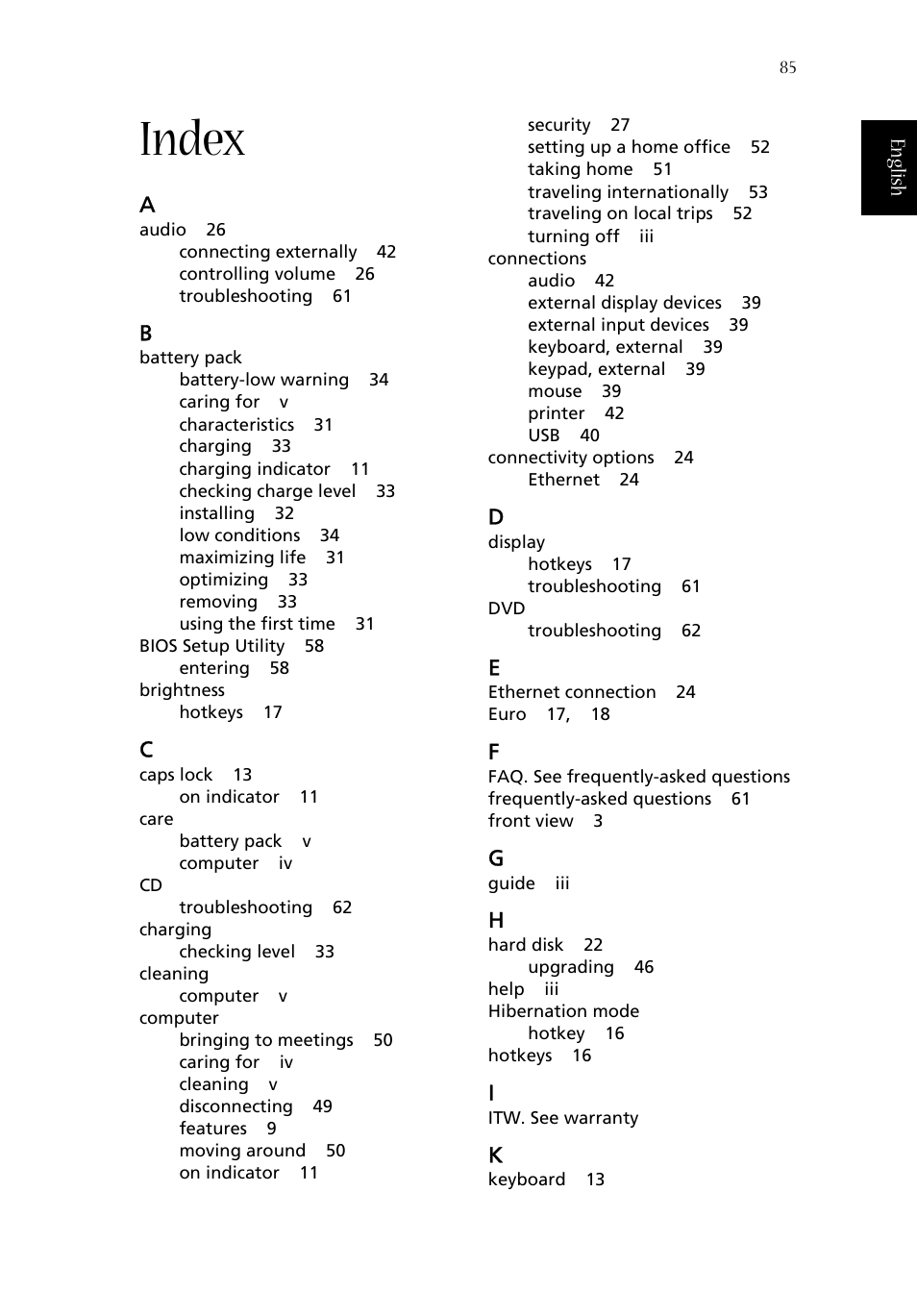 Index | Acer 1620 Series User Manual | Page 95 / 98